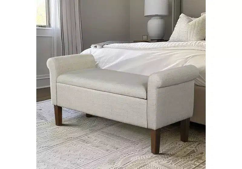 Banc ottoman en bois Okak Accent Lift-Top avec deux accoudoirs latéraux, banc à chaussures rembourré, banc de rangement pour le salon, la chambre à coucher