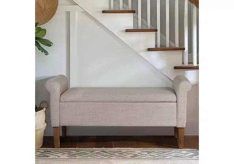 Banc ottoman en bois Okak Accent Lift-Top avec deux accoudoirs latéraux, banc à chaussures rembourré, banc de rangement pour le salon, la chambre à coucher