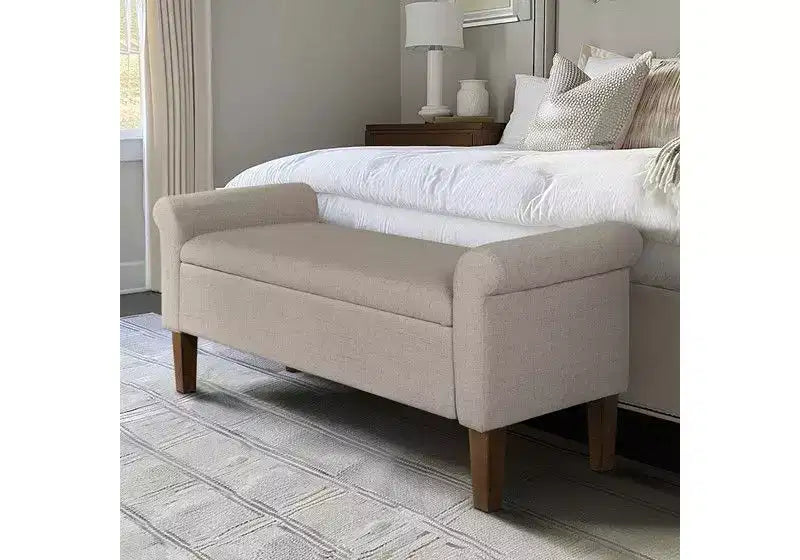Banc ottoman en bois Okak Accent Lift-Top avec deux accoudoirs latéraux, banc à chaussures rembourré, banc de rangement pour le salon, la chambre à coucher