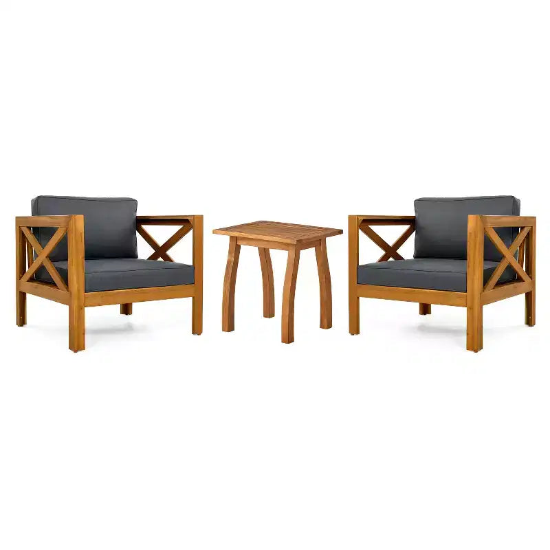 Christopher Knight Home Callum Transitional 3 Piece Patio Acacia Wood Club Chairs with Rectangle Accent Table