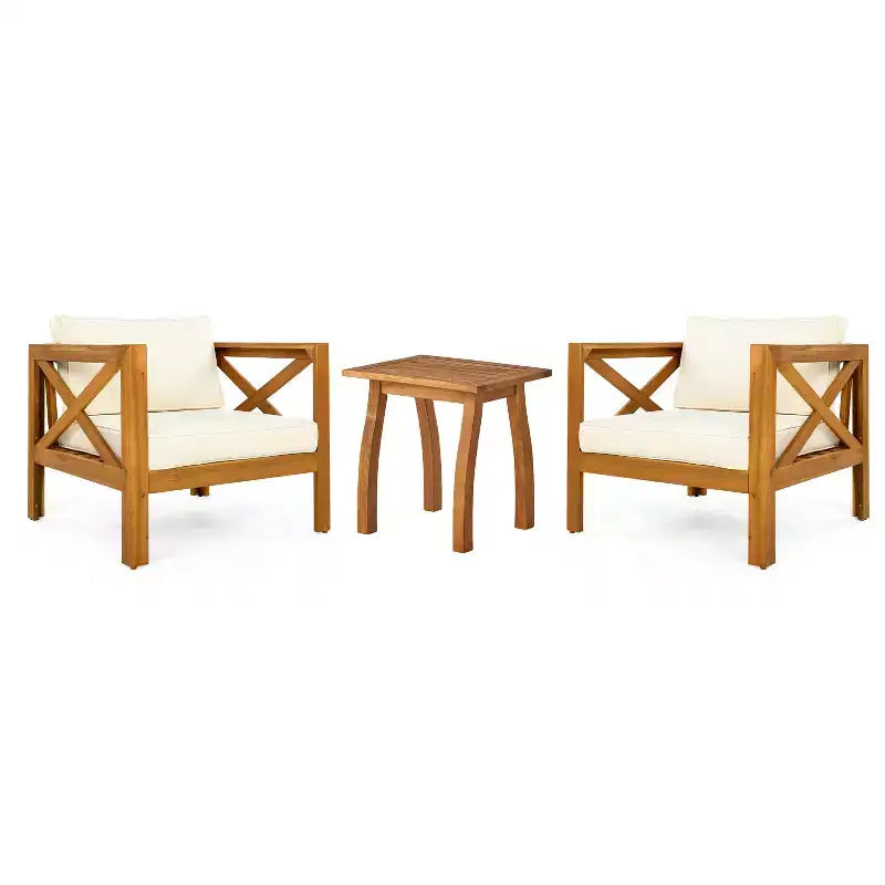 Christopher Knight Home Callum Transitional 3 Piece Patio Acacia Wood Club Chairs with Rectangle Accent Table