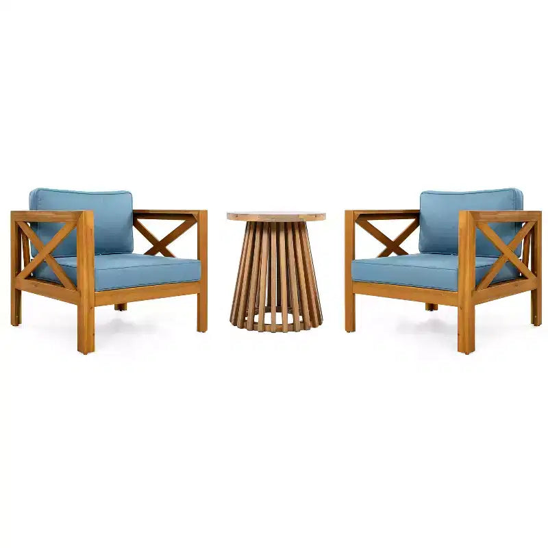 Christopher Knight Home Kairos Ensemble de 3 chaises de jardin de style transitionnel en bois d'acacia avec table d'appoint ronde
