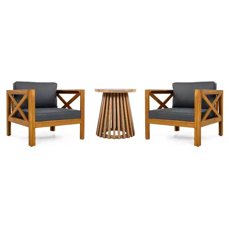 Christopher Knight Home Kairos Ensemble de 3 chaises de jardin de style transitionnel en bois d'acacia avec table d'appoint ronde
