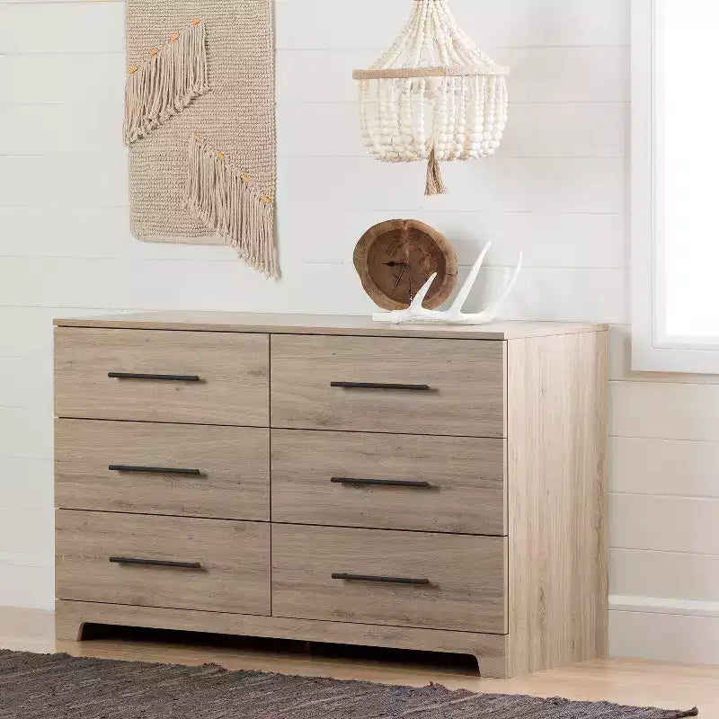 HomeStock Commode horizontale en panneaux de particules de 7,5 po de hauteur avec 6 tiroirs au fini beige