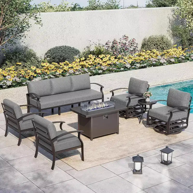 ALAULM 7-Seat Aluminum Patio Furniture Set, Modern Metal Outdoor Conversation Sets w/45in Propane Fire Pit Table