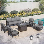 ALAULM 7-Seat Aluminum Patio Furniture Set, Modern Metal Outdoor Conversation Sets w/45in Propane Fire Pit Table