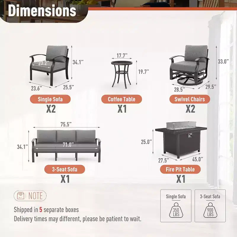 ALAULM 7-Seat Aluminum Patio Furniture Set, Modern Metal Outdoor Conversation Sets w/45in Propane Fire Pit Table