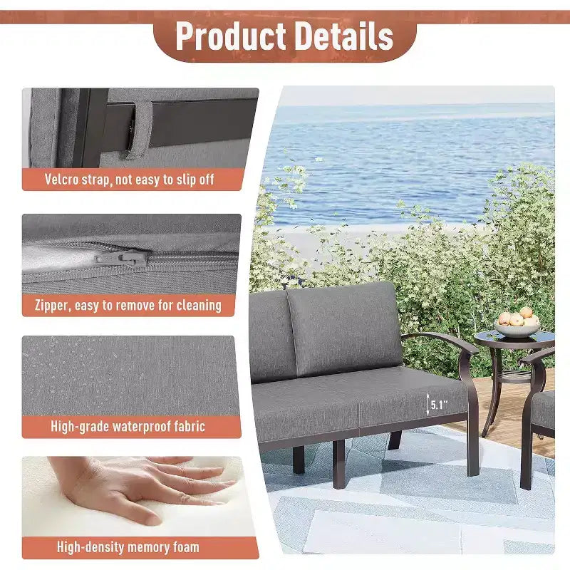 ALAULM 7-Seat Aluminum Patio Furniture Set, Modern Metal Outdoor Conversation Sets w/45in Propane Fire Pit Table