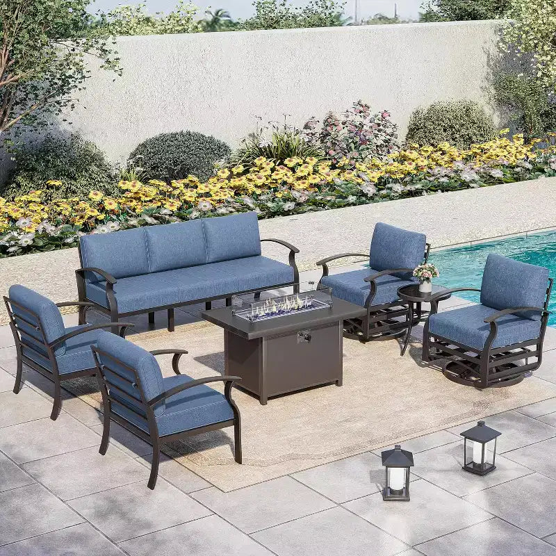 ALAULM 7-Seat Aluminum Patio Furniture Set, Modern Metal Outdoor Conversation Sets w/45in Propane Fire Pit Table