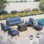 ALAULM 7-Seat Aluminum Patio Furniture Set, Modern Metal Outdoor Conversation Sets w/45in Propane Fire Pit Table
