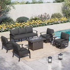ALAULM 7-Seat Aluminum Patio Furniture Set, Modern Metal Outdoor Conversation Sets w/45in Propane Fire Pit Table