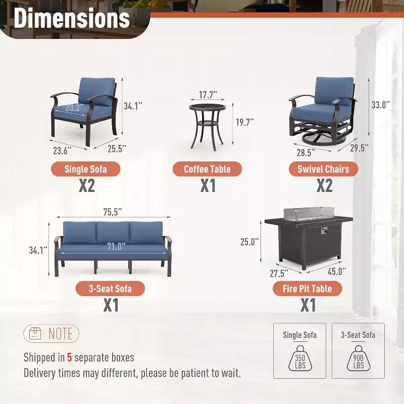 ALAULM 7-Seat Aluminum Patio Furniture Set, Modern Metal Outdoor Conversation Sets w/45in Propane Fire Pit Table
