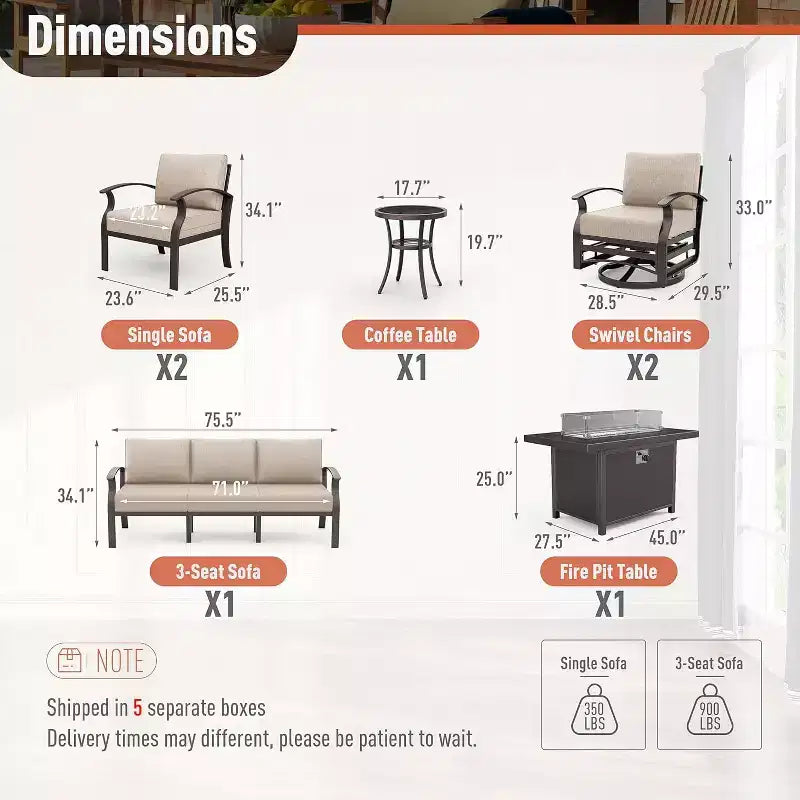 ALAULM 7-Seat Aluminum Patio Furniture Set, Modern Metal Outdoor Conversation Sets w/45in Propane Fire Pit Table