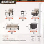 ALAULM 7-Seat Aluminum Patio Furniture Set, Modern Metal Outdoor Conversation Sets w/45in Propane Fire Pit Table