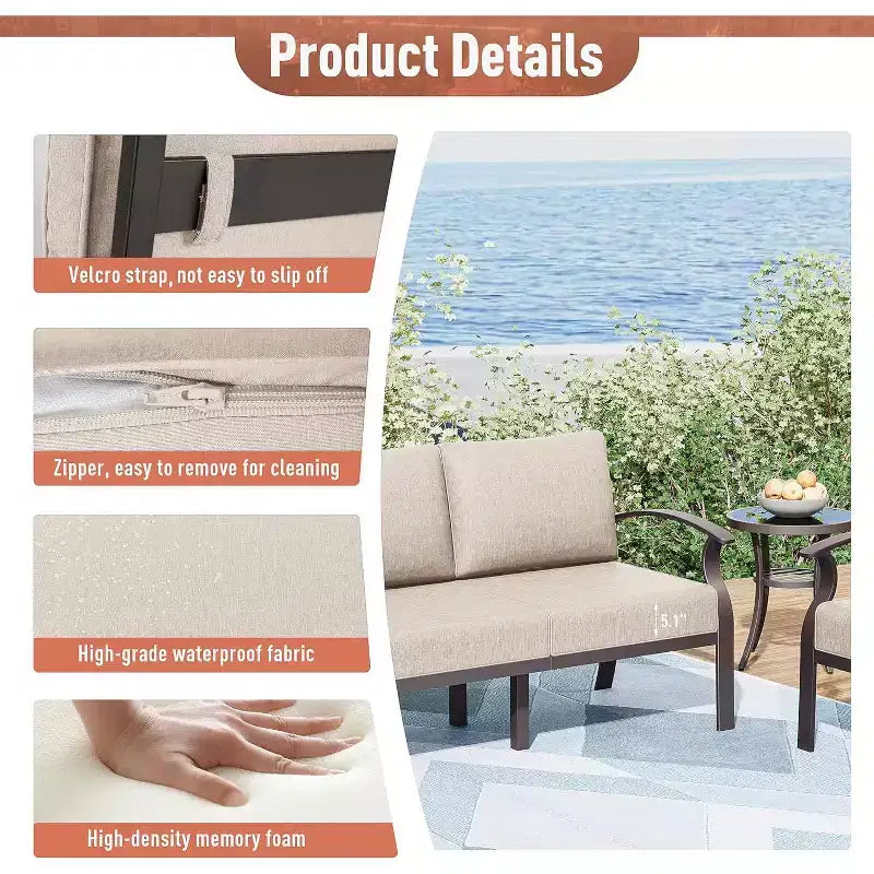 ALAULM 7-Seat Aluminum Patio Furniture Set, Modern Metal Outdoor Conversation Sets w/45in Propane Fire Pit Table