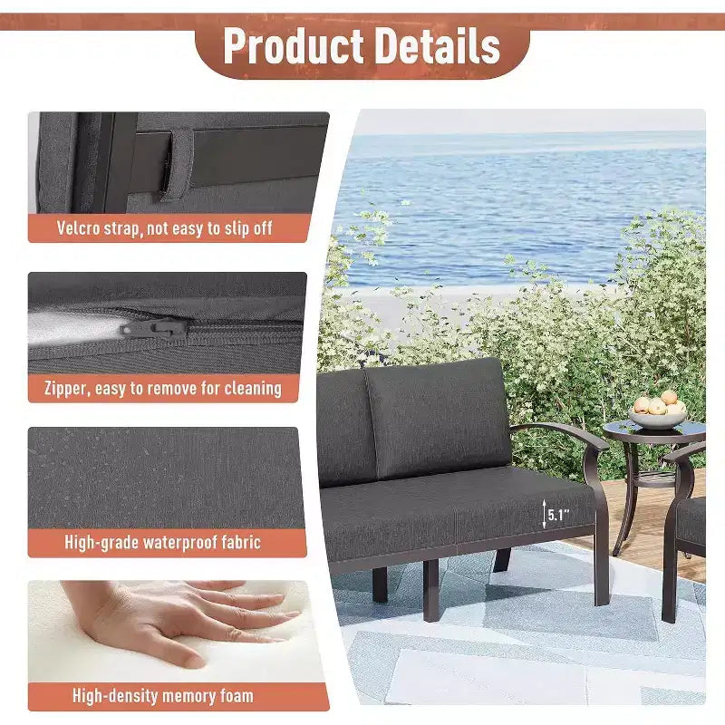 ALAULM 7-Seat Aluminum Patio Furniture Set, Modern Metal Outdoor Conversation Sets w/45in Propane Fire Pit Table