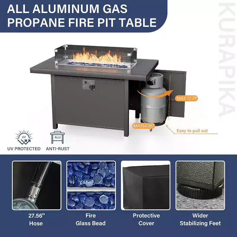 ALAULM 7-Seat Aluminum Patio Furniture Set, Modern Metal Outdoor Conversation Sets w/45in Propane Fire Pit Table