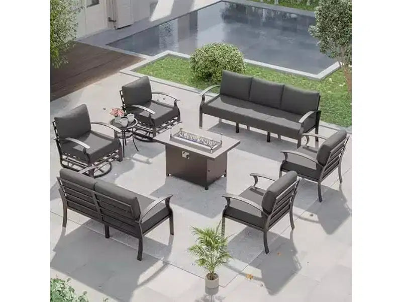 ALAULM Aluminum Patio Furniture Set 9-Seat Modern Metal Outdoor Conversation Sets w/45in Propane Fire Pit Table