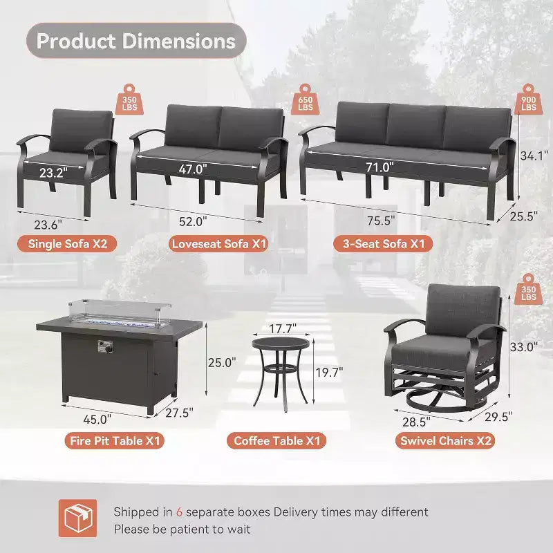 ALAULM Ensemble de mobilier de jardin en aluminium 9 places, salons de conversation d'extérieur modernes en métal avec table foyer au propane de 45 pouces