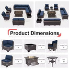 ALAULM Ensemble de mobilier de patio 13 pièces, Salon de jardin en rotin avec table brasero à propane 109 cm, Fauteuils pivotants à bascule