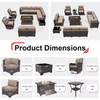 ALAULM Ensemble de mobilier de patio 13 pièces, Salon de jardin en rotin avec table brasero à propane 109 cm, Fauteuils pivotants à bascule