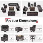 ALAULM Ensemble de mobilier de patio 13 pièces, Salon de jardin en rotin avec table brasero à propane 109 cm, Fauteuils pivotants à bascule