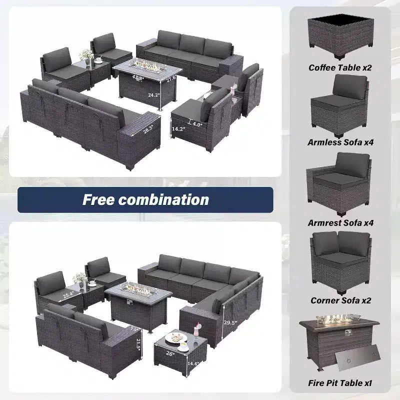 ALAULM 13 Pieces Patio Furniture Set, Rattan Wicker Outdoor Conversation Sets, Furniture Sectional Sofa Set