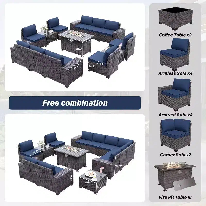 ALAULM 13 Pieces Patio Furniture Set, Rattan Wicker Outdoor Conversation Sets, Furniture Sectional Sofa Set