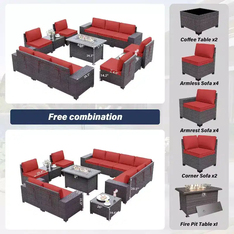 ALAULM 13 Pieces Patio Furniture Set, Rattan Wicker Outdoor Conversation Sets, Furniture Sectional Sofa Set