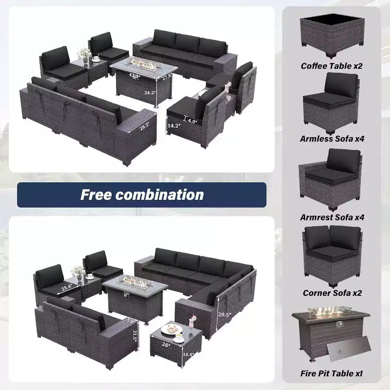 ALAULM 13 Pieces Patio Furniture Set, Rattan Wicker Outdoor Conversation Sets, Furniture Sectional Sofa Set