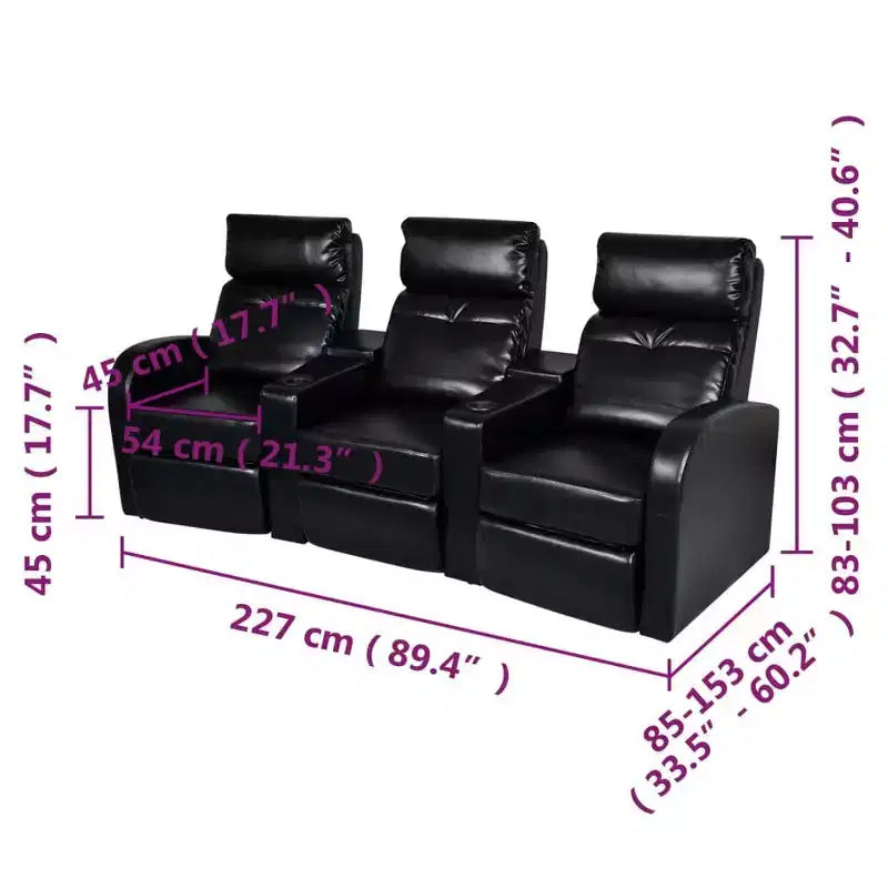 vidaXL 3-Seater Home Theater Recliner Sofa with Built-in Cup Holder - Black