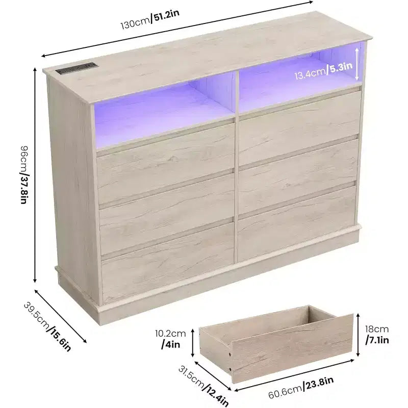 Acekool 6-Drawer Dresser with LED Lights & Charging Station, Modern Wide Storage Chest for Bedroom & Living Room