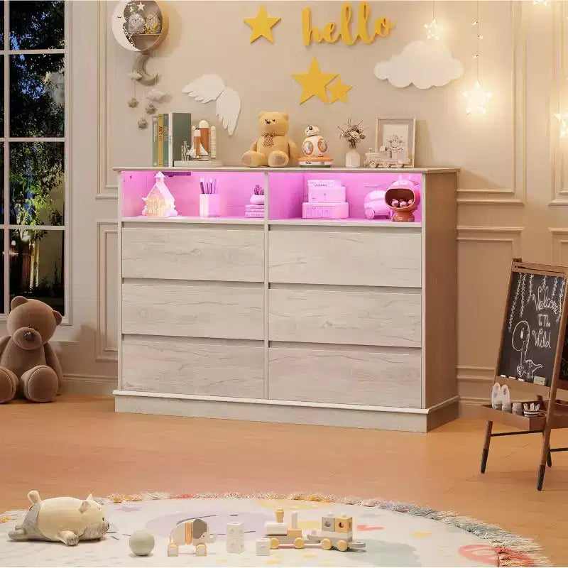 Acekool 6-Drawer Dresser with LED Lights & Charging Station, Modern Wide Storage Chest for Bedroom & Living Room