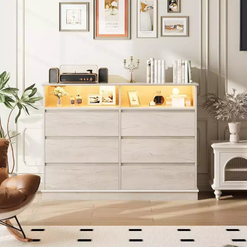 Acekool 6-Drawer Dresser with LED Lights & Charging Station, Modern Wide Storage Chest for Bedroom & Living Room