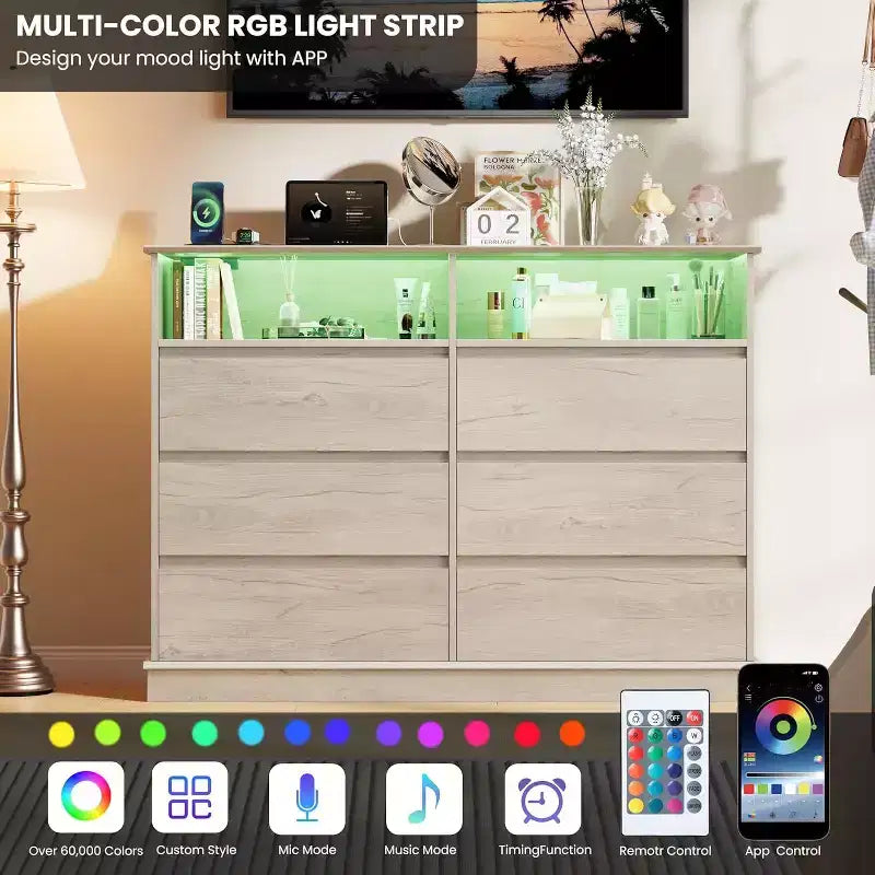 Acekool 6-Drawer Dresser with LED Lights & Charging Station, Modern Wide Storage Chest for Bedroom & Living Room