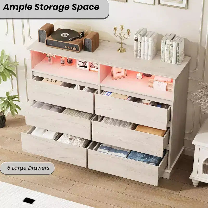 Acekool 6-Drawer Dresser with LED Lights & Charging Station, Modern Wide Storage Chest for Bedroom & Living Room