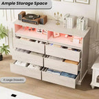 Acekool 6-Drawer Dresser with LED Lights & Charging Station, Modern Wide Storage Chest for Bedroom & Living Room