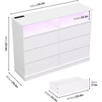 Acekool 6-Drawer Dresser with LED Lights & Charging Station, Modern Wide Storage Chest for Bedroom & Living Room