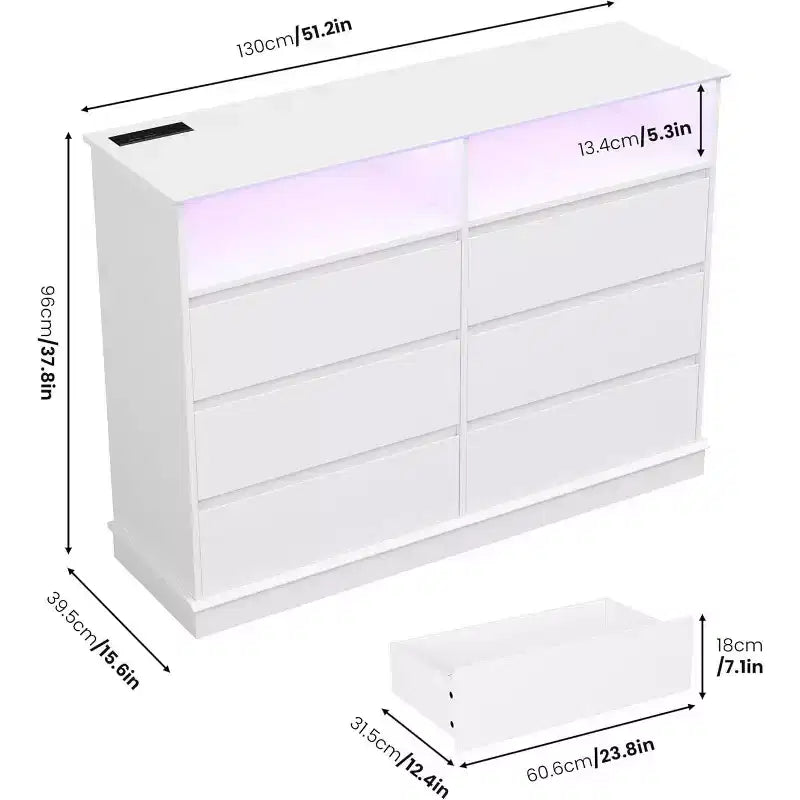 Acekool 6-Drawer Dresser with LED Lights & Charging Station, Modern Wide Storage Chest for Bedroom & Living Room