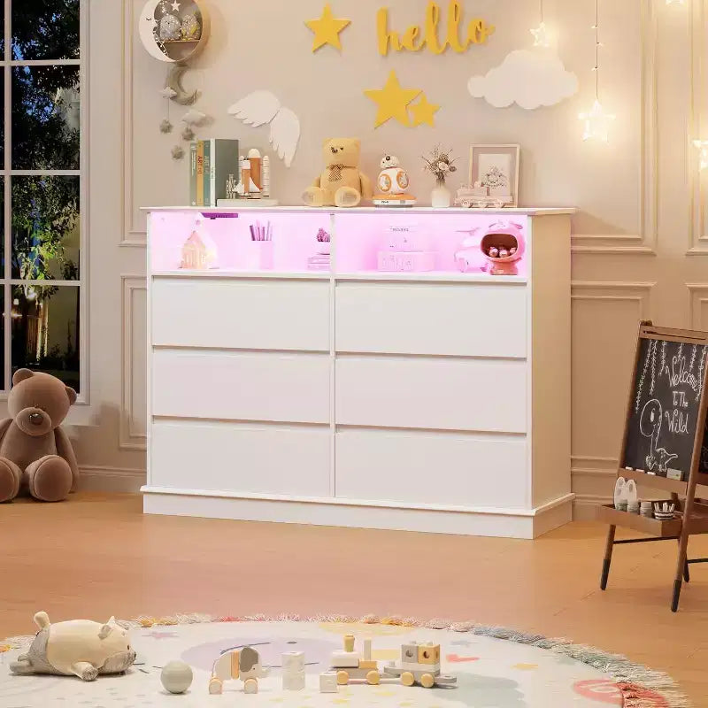 Acekool 6-Drawer Dresser with LED Lights & Charging Station, Modern Wide Storage Chest for Bedroom & Living Room