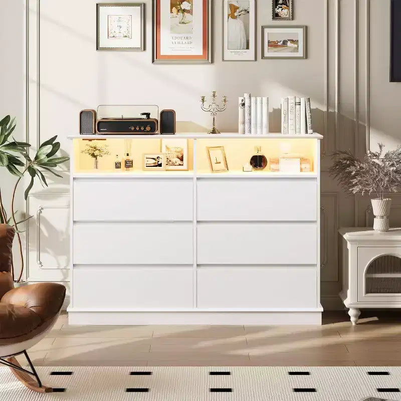 Acekool 6-Drawer Dresser with LED Lights & Charging Station, Modern Wide Storage Chest for Bedroom & Living Room