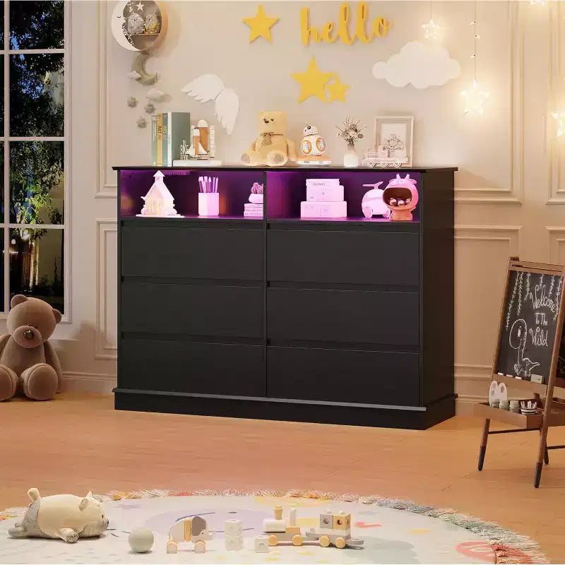 Acekool 6-Drawer Dresser with LED Lights & Charging Station, Modern Wide Storage Chest for Bedroom & Living Room