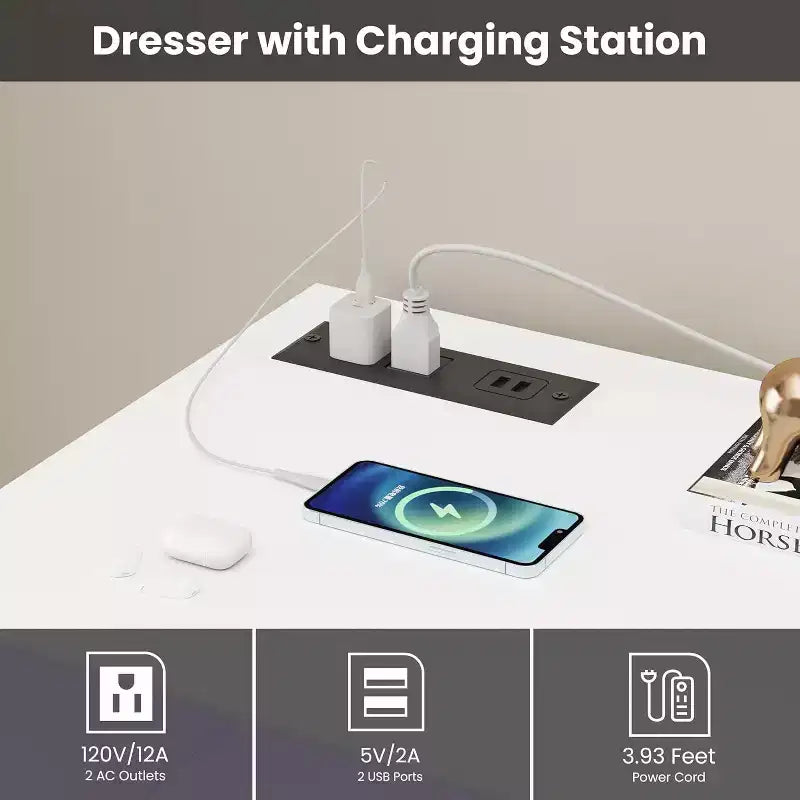 Acekool 6-Drawer Dresser with LED Lights & Charging Station, Modern Wide Storage Chest for Bedroom & Living Room