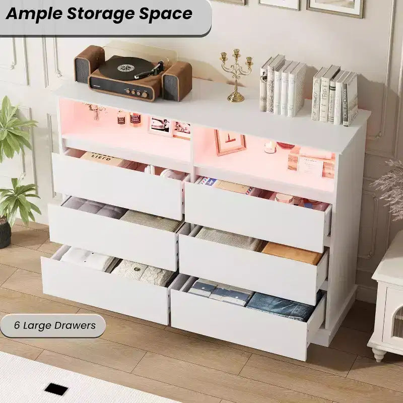 Acekool 6-Drawer Dresser with LED Lights & Charging Station, Modern Wide Storage Chest for Bedroom & Living Room