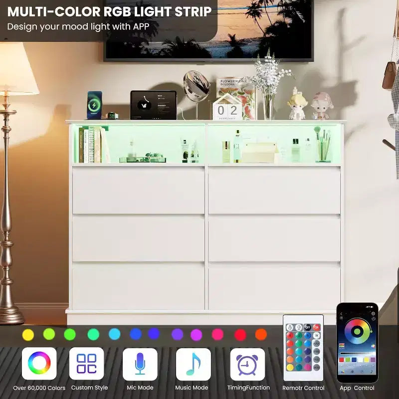 Acekool 6-Drawer Dresser with LED Lights & Charging Station, Modern Wide Storage Chest for Bedroom & Living Room