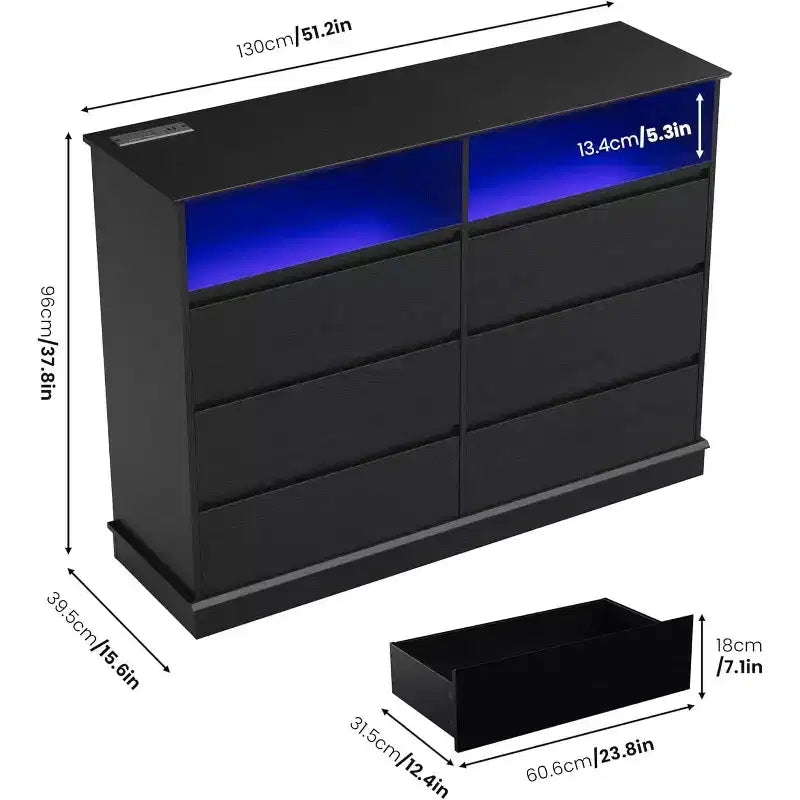 Acekool 6-Drawer Dresser with LED Lights & Charging Station, Modern Wide Storage Chest for Bedroom & Living Room