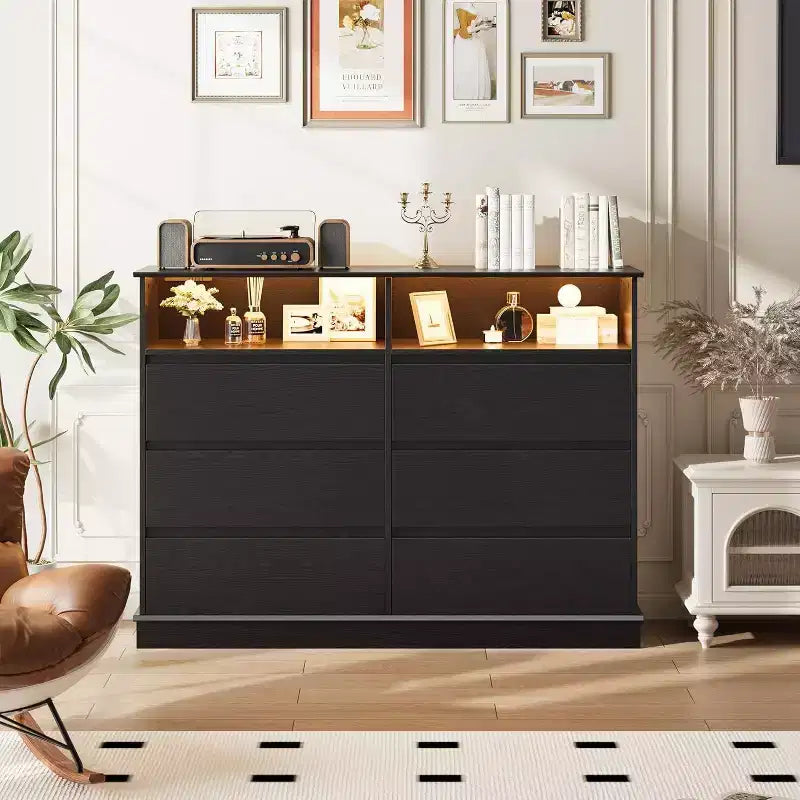 Acekool 6-Drawer Dresser with LED Lights & Charging Station, Modern Wide Storage Chest for Bedroom & Living Room