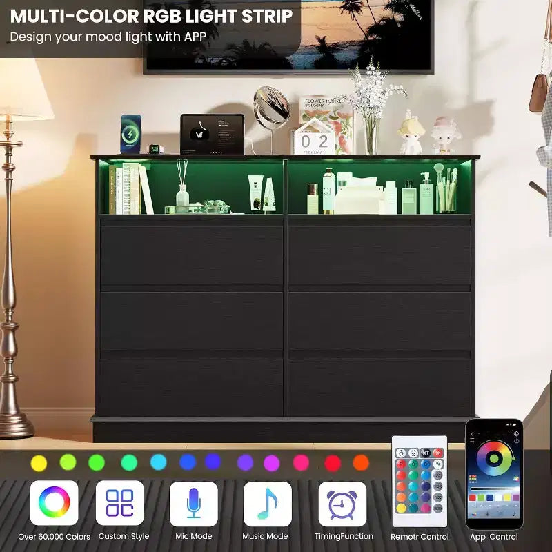 Acekool 6-Drawer Dresser with LED Lights & Charging Station, Modern Wide Storage Chest for Bedroom & Living Room