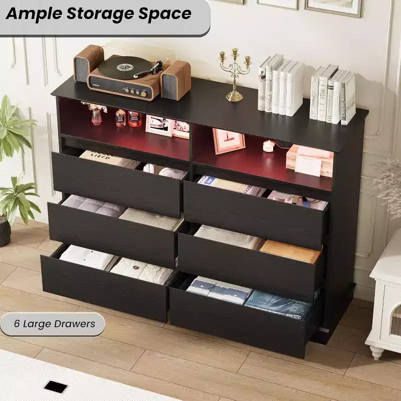 Acekool 6-Drawer Dresser with LED Lights & Charging Station, Modern Wide Storage Chest for Bedroom & Living Room