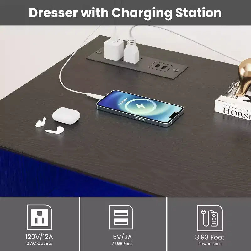 Acekool 6-Drawer Dresser with LED Lights & Charging Station, Modern Wide Storage Chest for Bedroom & Living Room